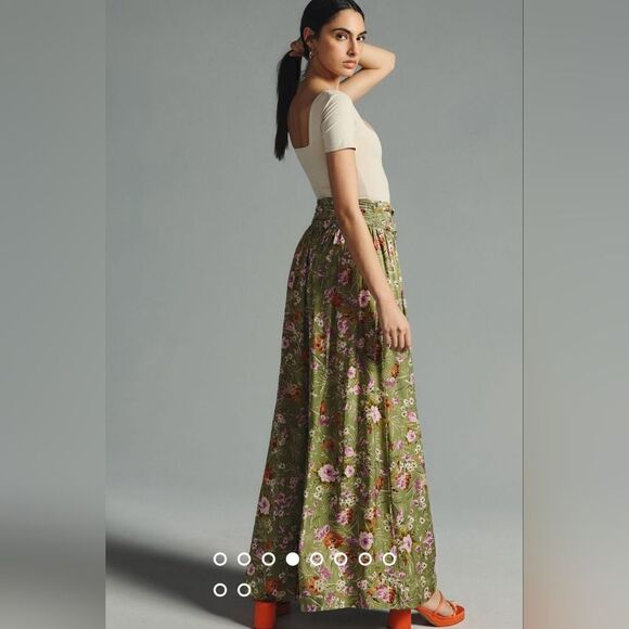 Anthropologie Wide-Leg Floral Pants In Olive Green Size 6 Tall NWT - Picture 4 of 11